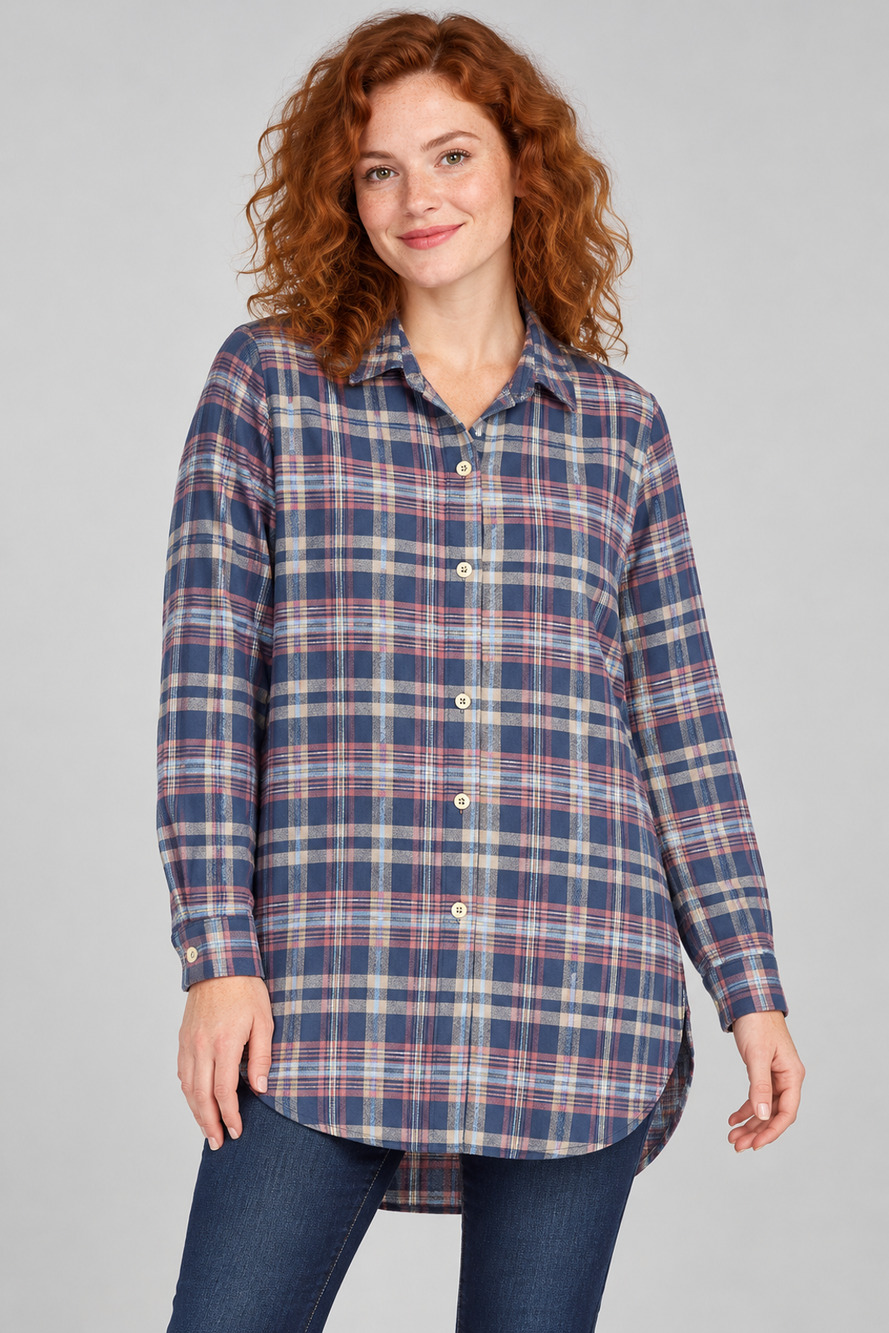North River Outfitters Women's L Indigo Plaid Brushed Cotton Tunic Shirt NWT
